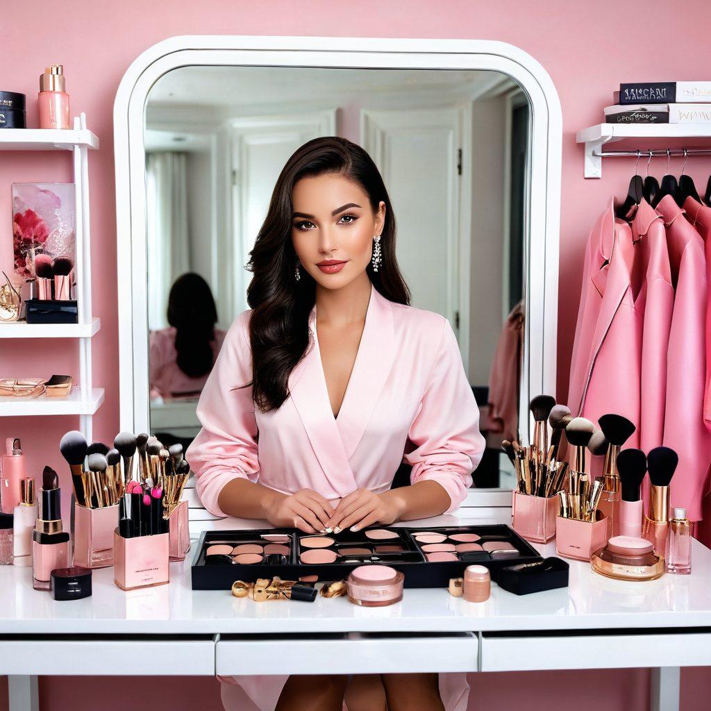 A chic woman with flawless, radiant skin standing in front of a vibrant wardrobe filled with fashionable clothes and accessories. On a sleek vanity table beside her, there are various makeup products including brushes, lipsticks, and an elegant mirror reflecting her glamorous look. The background has a soft pink hue to emphasize beauty and fashion. super-realistic. vibrant colors. white background.