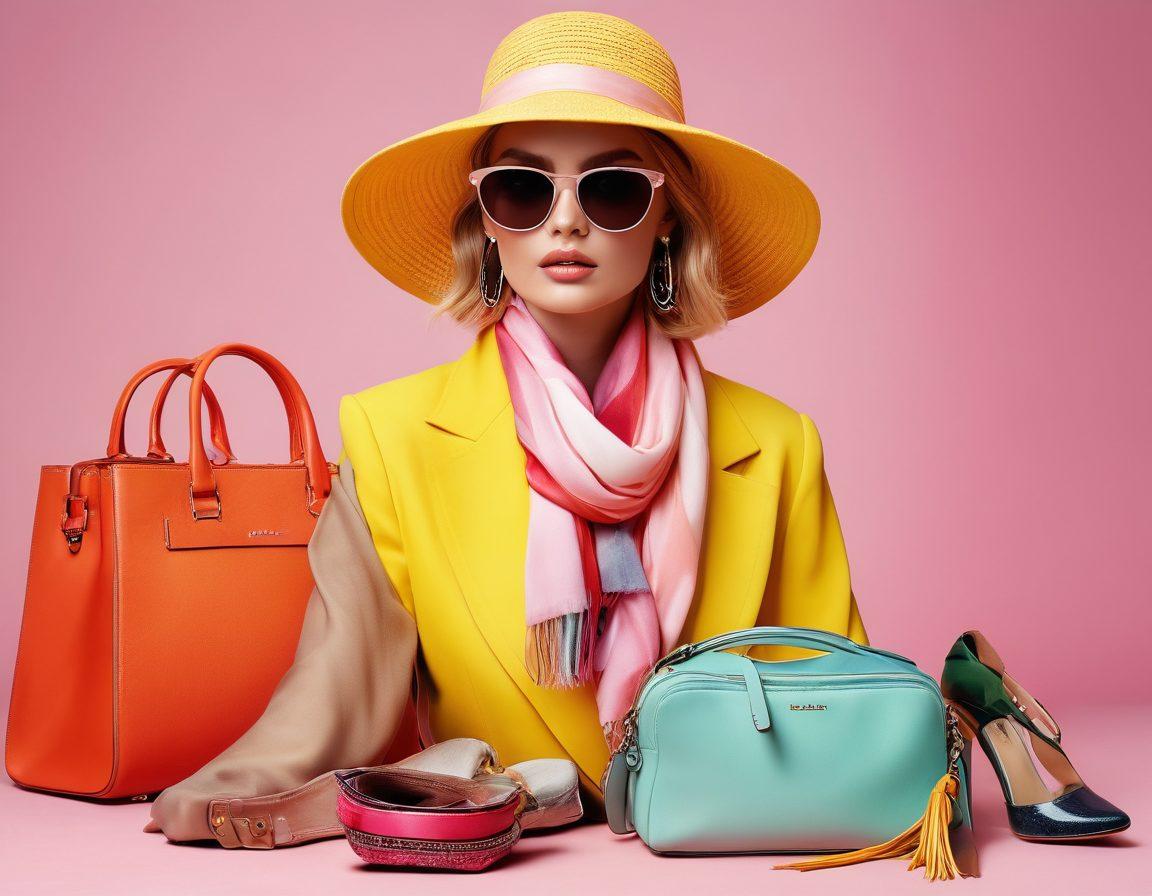 A vibrant collage of chic and trendy fashion pieces, featuring stylish accessories like elegantly designed handbags, fashionable sunglasses, statement jewelry, and seasonal outfits. Elements include colorful scarves, high-fashion shoes, and sleek hats. The background should be a soft pastel gradient to enhance the mood. super-realistic. vibrant colors.